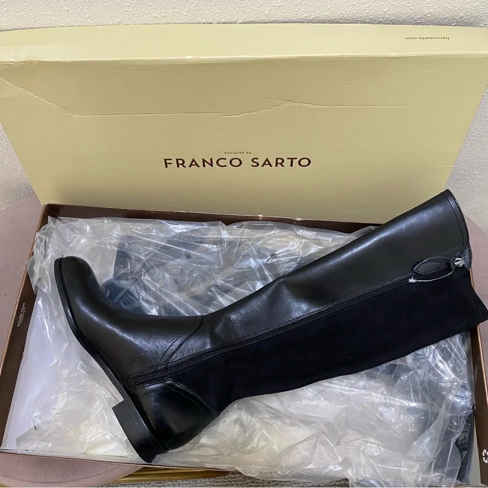 NIB Franco Sarto Women's L-Maleni Black Leather and Fabric Stretch Boot -Size 7M